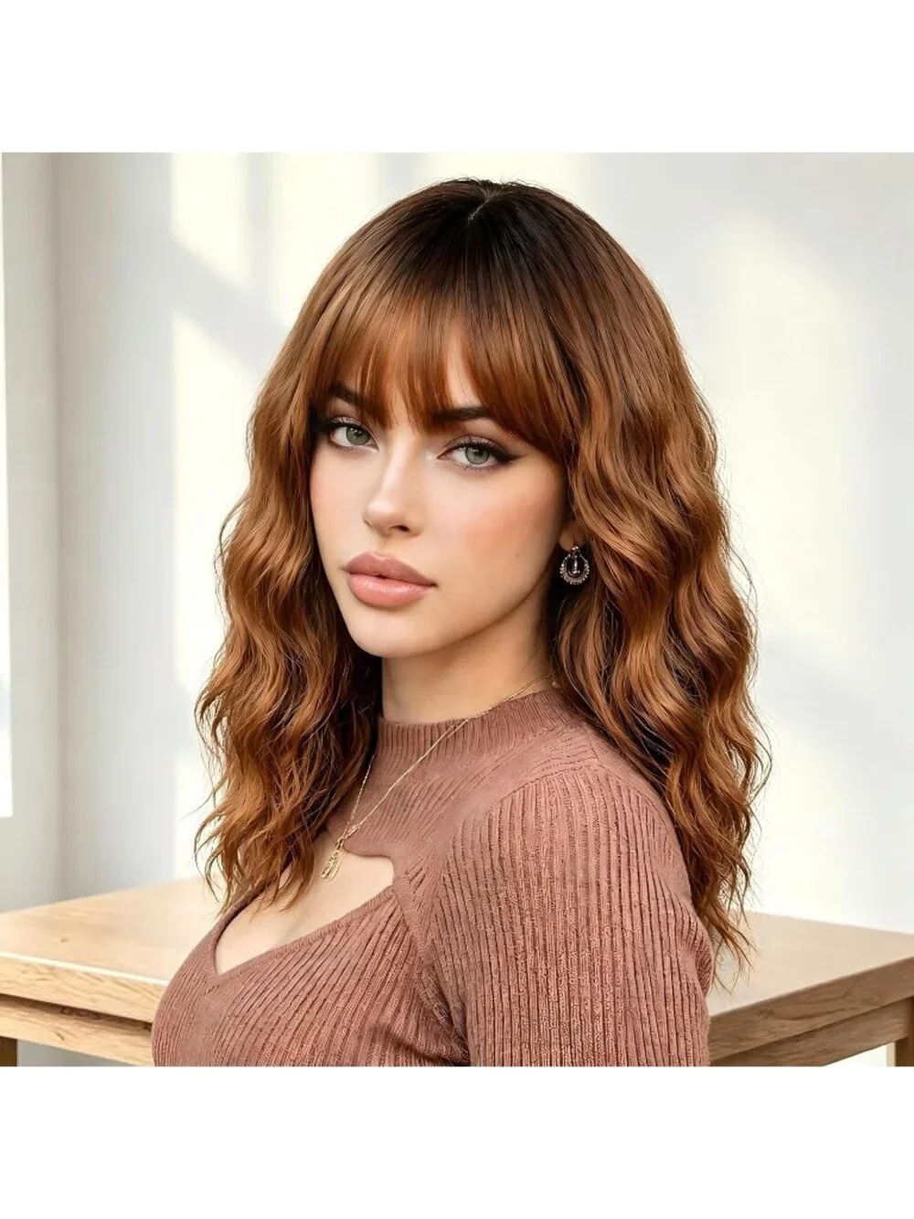 Women's Light Brown 16 Inch Wavy Wig Bangs Shoulder Length Synthetic Hair